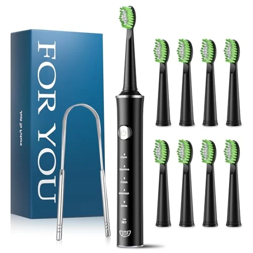 JTF Electric Sonic Toothbrush with Tongue Cleaner, 8 Brush Heads, 5 Modes & Smart Memory, 2 Minute Timer, IPX7 Waterproof, Rechargeability, Quick Charge 3H, Adults (Black)