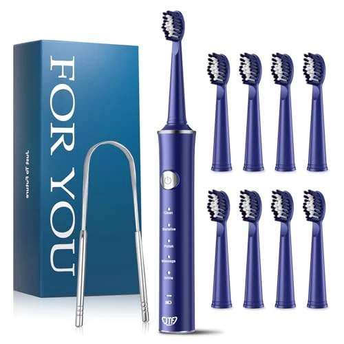 JTF Electric Sonic Toothbrush with Tongue Cleaner, 8 Brush Heads, 5 Modes & Smart Memory, 2 Minute Timer, IPX7 Waterproof, Rechargeability, Quick Charge 3H, Adults (Blue)