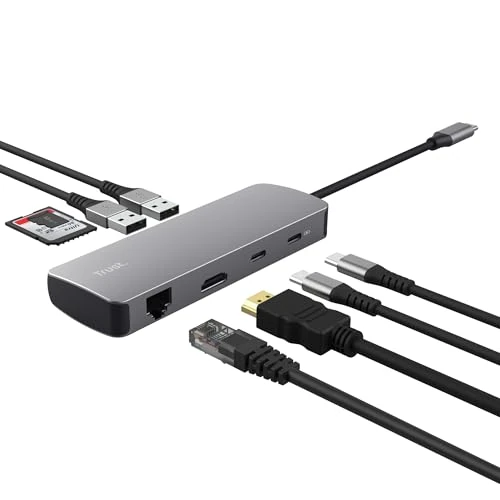 Offerta a tempo: Trust Vylor Hub USB C 8-in-1 Adattatore HDMI 4K@60Hz, Gigabit Ethernet, Lettore di Schede MicroSD/SD, USB-C USB-A, Porta di Ricarica 100W, Docking Station PC Computer Portatili Dell HP MacBook - 22% da 29.99 € a 23.49 €