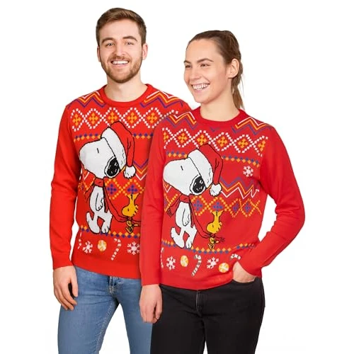 Offre limitee: The Peanuts Snoopy Pull d'hiver pour homme et femme - Pull d'hiver en tricot - Unisexe - Rouge, rouge, XL de 19.95 EUR a 19.95 EUR (economie 0%)