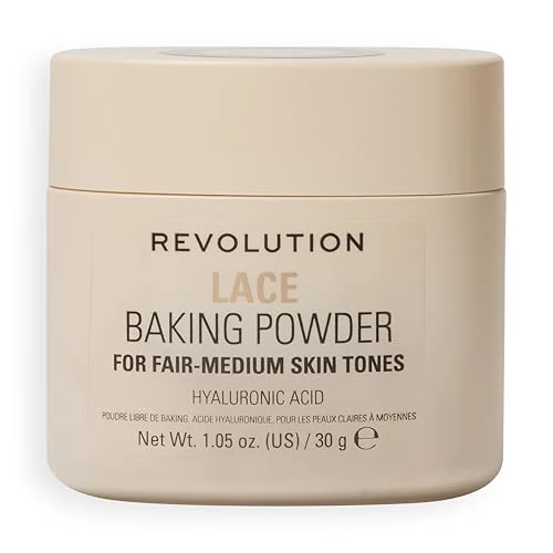 Revolution Loose Baking Powder – Poudre fixatrice de maquillage, fini lumineux, absorbe les brillances et l’excès de sébum, vegan et sans cruauté, 30 g, Lace