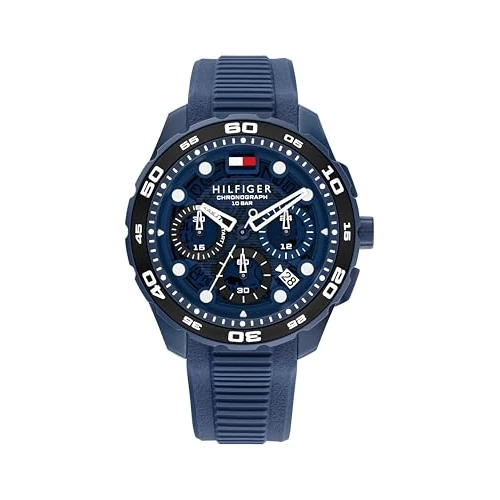 Tijdelijke aanbieding: Tommy Hilfiger Chronograaf kwartshorloge met kalender voor heren met siliconen armband, verkrijgbaar in wit, blauw, zwart, oranje of geel, blauw, Riemen. van 139.00 € naar 139.00 € (0.00% korting)