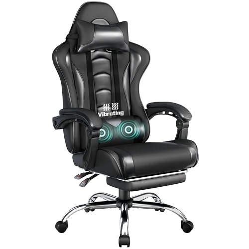 Offerta a tempo: Yaheetech Sedia Gaming Ergonomica Massaggiante Reclinabile con Poggiapiedi Poggiatesta e Supporto Lombare Braccioli Imbottiti in Finta Pelle, Poltrona Gamer da Scrivania con Ruote Portata 150 kg Nero - 11% da 122.99 € a 109.19 €