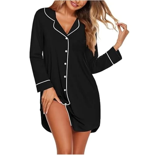 Zeitlich begrenztes Angebot: Ekouaer Nachthemd Damen Langarm V-Ausschnitt Schlafhemd, schwarz L von 19.99 € auf 19.99 € (0.00% Rabatt)
