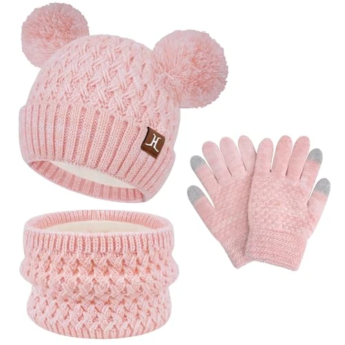 Offerta a tempo: ZASFOU Bambini Cappello Invernale Sciarpa Guanti Touch Screen Set 2 3 4 5 6 7 Anni Berretto Cappelli in Maglia con Pompon Scaldacollo Guanto Regali per Ragazze Ragazzo - 19% da 25.99 € a 20.98 €
