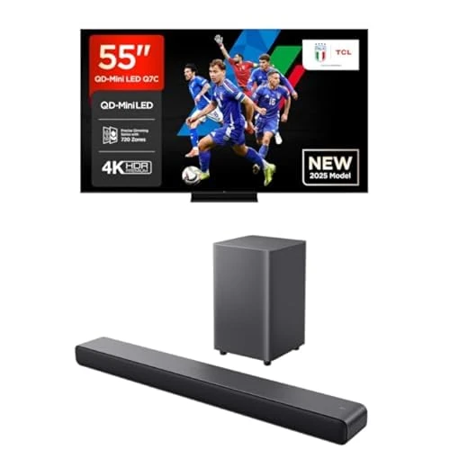 Offerta a tempo: TCL Bundle of 55Q7C 55” QLED TV 4K QD-Mini LED, HDR Premium 2000, Google TV (Dolby Vision IQ & Atmos, Pannello HVA, Refresh Rate 144Hz, Game Master) Sound Bar S55H Nero 40W - 0.00% da 668.88 € a 668.88 €