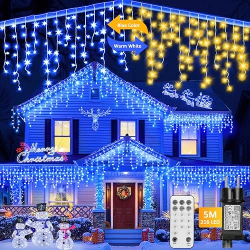 Offerta a tempo: 216 LED Tenda Luminosa Esterna con telecomando, 5M Cascata Luci a ghiacciolo 11 Modalità Tenda Catena Impermeabile Luci cascata Strisce con 5m cavo, Luce per tende décoration Noël (Blu & Caldo) — 33% da 29,99 € a 19,99 €