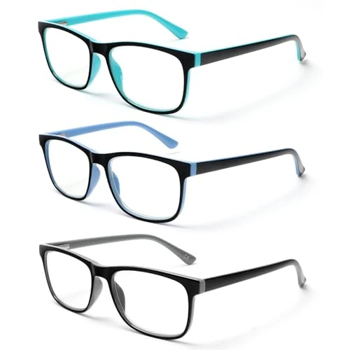 Offerta a tempo: MMOWW Confezione da 3 Occhiali da Lettura Donna Uomo, Anti Luce Blu Rettangolari Occhiali con Cerniere a Molla (Grigio verde blu, +3.0) - 16% da 9.19 € a 7.74 €