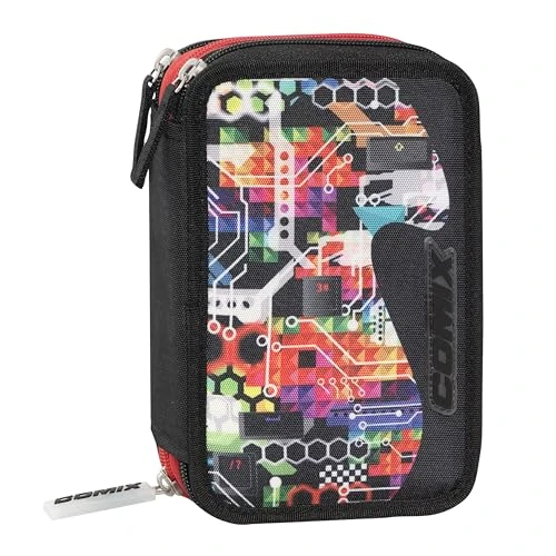 Offerta a tempo: Comix Wave - Astuccio Scuola, Astuccio con 3 Scomparti per Bambini e Ragazzi, con Set Cancelleria Incluso, 5 Etichette Adesive Portanome e Pratica Chiusura a Zip, 20 x 13H x 7 cm, Nero — 45% da 33,90 € a 18,65 €