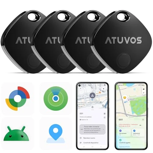 ATUVOS Air Tag Pro Smart Tag Tracker para Android & iOS, Dual Sistema Buscador de Objetos Compatible con Google Localizador o Apple Buscar App, para Llaves/Equipaje/Maleta.Batería Reemplazable.4 Pack