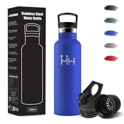 Botella Agua Acero Inoxidable, 500 ml Libre de BPA, Botella Termica, 18/8 Acero Inoxidable, Botella Agua Niños, Con Pajita y 2 Tapas, Botellas Isotermica para Escuela, Yoga, Montañismo - Azul real