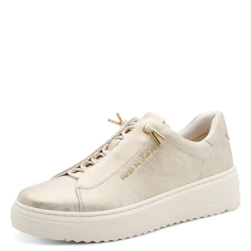 Marco Tozzi Damen Sneaker weiches Feel Me Wechselfußbett weiches Innenfutter Vegan Schnürer, beige (Dune MET.Comb), 38 EU