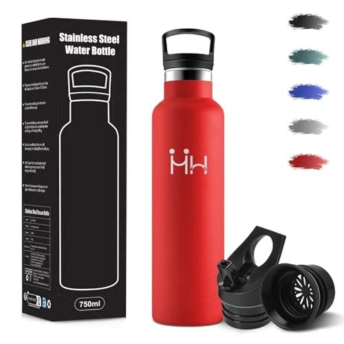 Motswedi Trinkflasche Edelstahl, 750ml Auslaufsicher, Trinkflasche mit Strohhalm, Kohlensäure Geeignet, Edelstahl Trinkflaschen, BPA-Frei, Thermosflasche für Camping, Reisen, Outdoor, Yoga, Rot