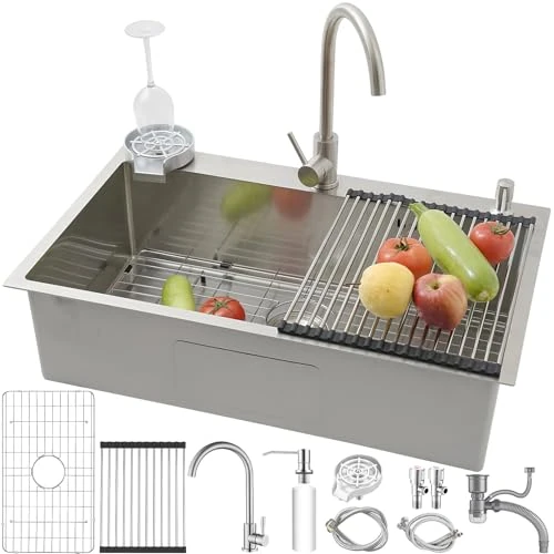 Kitchen Sink, 85 x 50 cm, Sink with Tap, Rectangular Sink, Large Sink, Stainless Steel, 1 Basin, Modern Sink Kitchen with Sink Shelf, Dish Drainer Dishes, Soap Dispenser, Siphon, Glass Sink