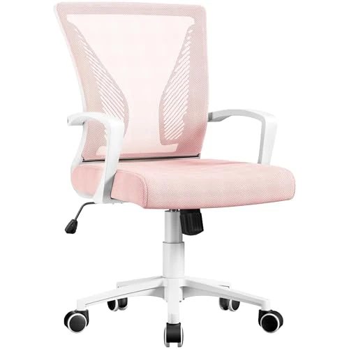 Yaheetech Bürostuhl, ergonomisch, Lendenwirbelsäule, aus atmungsaktivem Netzstoff, neigbar, höhenverstellbar, drehbar mit Armlehnen und Rollen, Tragkraft 136 kg, Rosa