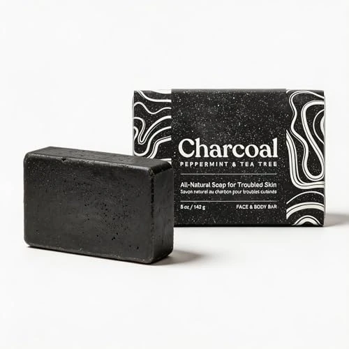 Sapone Carbone Attivo Viso e Corpo – Purificante per Pelle Grassa e Impura – Anti Acne, Eczema e Psoriasi – Anti Imperfezioni e Punti Neri–Detergente Naturale Detox con Menta Piperita & Tea Tree–142g