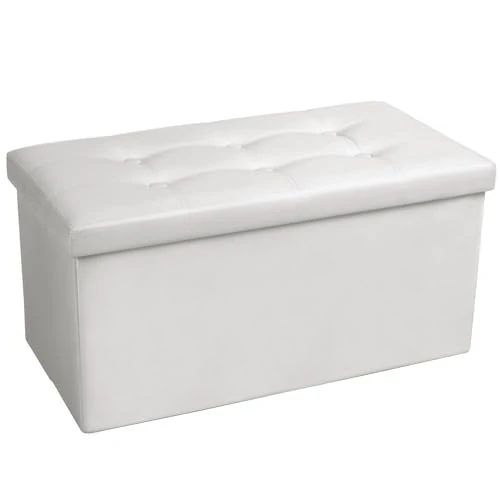 COSYLAND Puff Almacenaje 80L, Banco Almacenaje, Capacidad de Carga 200 kg, Tapizado PVC, Baúl para Dormitorio, Salón, Entrada, Juguetes, Organizador, Plegable, Blanco Claro, 76x38x38cm