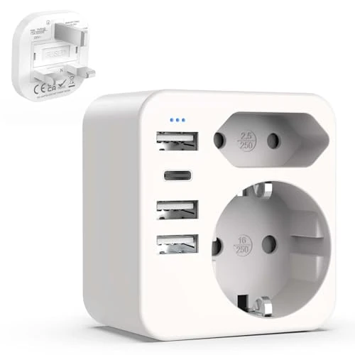 Adapter gniazda angielskiego Hoppac 6 w 1, ładowanie 6 urządzeń równoległych, z 3 USB i 1 USB C oraz wtyczką europejską i schuko, typ G jest odpowiedni do Wielkiej Brytanii/Irlandii/Malty, kompaktowa