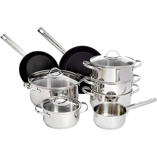 Offerta a tempo: Amazon Basics - Set di pentole a induzione in ceramica antiaderente e acciaio inossidabile, 11 pezzi, con coperchi - 15% da 90.08 € a 76.57 €
