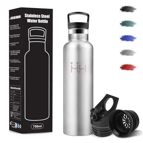 Thermosfles, 750 ml, BPA-vrij, 18/8 roestvrij staal, roestvrijstalen waterfles, waterfles met rietje en 2 deksels, kantoorflessen - roestvrij staal