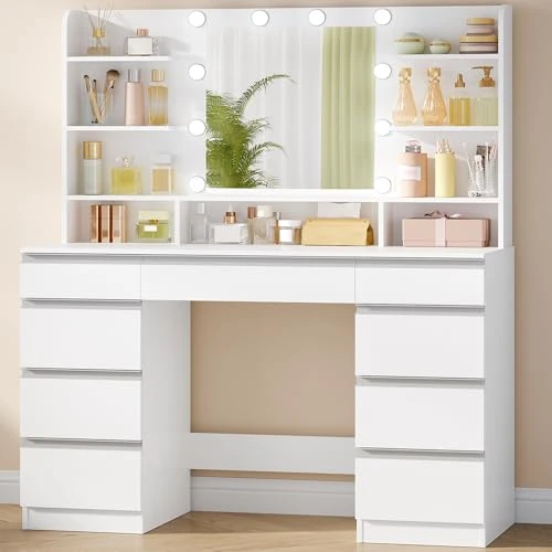 Limited offer: Hzuaneri Large Dressing Table with LED Lighting, 10 LED Light Balls, 3 Colours, Adjustable Brightness, Dressing Table with Mirror, 9 Drawers, 9 Open Shelves, Modern Style, White/Brown DT35703WV1 from 169.99 EUR to 169.99 EUR (save 0%)