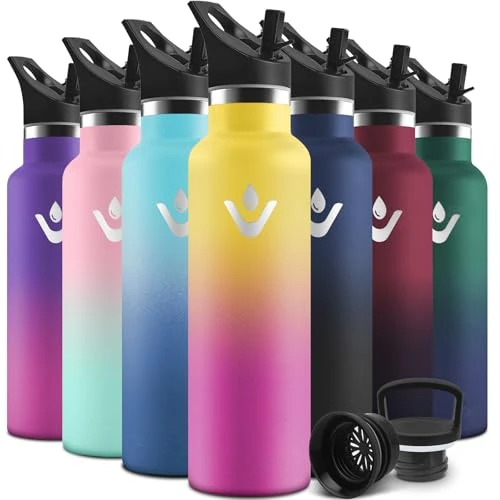 Limitiertes Angebot: Motswedi Trinkflasche Edelstahl, 750 ml Auslaufsicher, Thermosflasche, Mit 2 Deckeln und Strohhalm, Wasserflasche, Vakuum Doppelwandig, Isolierflasche für Sport, Schule, Fitness, Gelblich-Rosa von 15.92 EUR auf 15.92 EUR (Spare 0%)