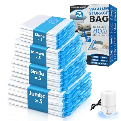 Limited offer: NATNAV Vacuum Bags for Clothes, Pack of 20 with Electric Air Pump, Vacuum Bags (5 x Jumbo/5 x Large/5 x Medium/5 x Small), Reusable Vacuum Bags for Duvets, Clothes, Travel, Pillows from 37.26 EUR to 37.26 EUR (save 0%)