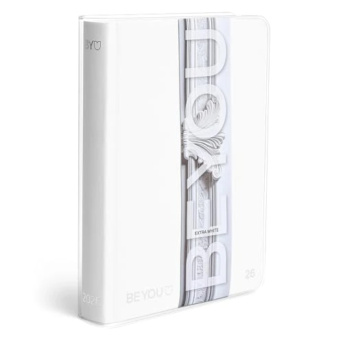 BE YOU - Extra White School Diary 2025-2026, 12 miesięcy, wrzesień 2025 - sierpień 2026, kalendarz szkolny z naklejkami i stronami do szkicowania, z przezroczystą okładką, duży format 13,5 x 18,2 cm