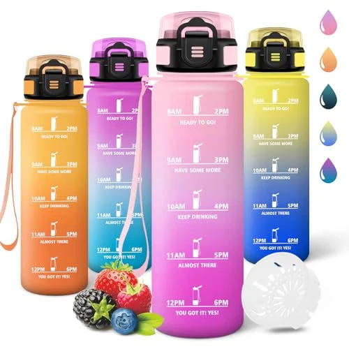 Motswedi Drinkfles voor kinderen, 1000 ml, BPA-vrij, lekvrij design, motiverende waterfles met tijdmarkering, voor sportschool, school, familie, roze en roze