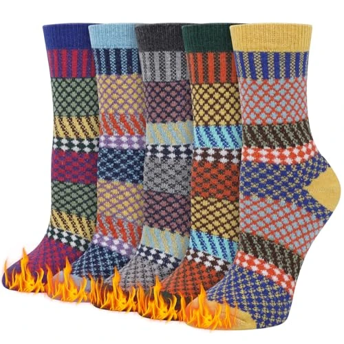 Justay Pucott Klasyczne skarpety wełniane dla kobiet, 5 par skarpet zimowych, przytulne skarpety damskie, rozmiar uniwersalny, przytulne