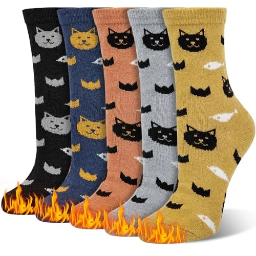 Justay Pucott Cute Cat and Fish Ladies Socks 5 Pairs, Warm and Cozy Crew Socks, Multipack