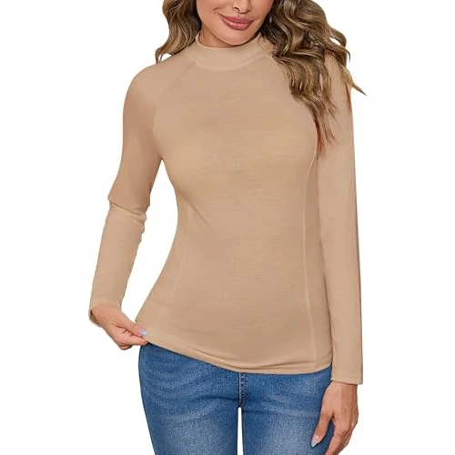 Terecey Camiseta Básica Mujer Manga Larga Camiseta Cuello Alto Algodón Suave y Transpirable Top Básico Interior o Casual Elástico para Otoño Invierno