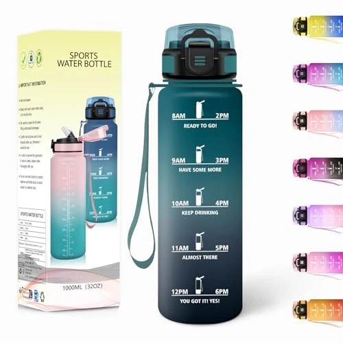 Offerta a tempo: Borraccia, 1000ML Con Paglia, Borraccia Palestra Senza BPA, Borracce con Cannuccia, Bottiglia d'acqua Motivazionale con Indicatore del Tempo, Bottiglia Acqua per Palestra - Verde scuro&Grigio - 0.00% da 12.52 € a 12.52 €