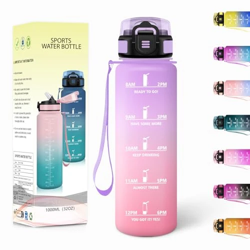 Drinkfles, 1000 ml met rietje, BPA-vrije fitnessfles, drinkflessen met rietje, motiverende waterfles met tijdweergave, waterfles voor fitnessstudio, lichtpaars en lichtroze