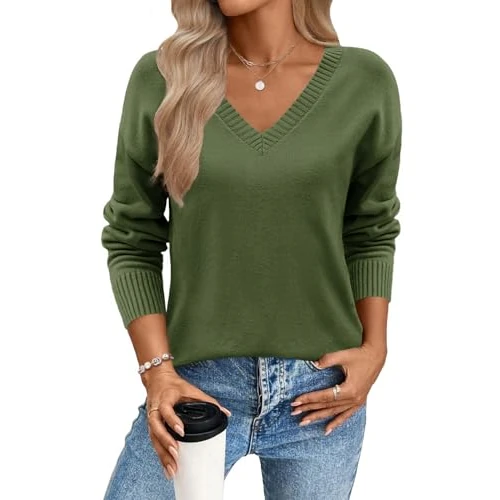 Offerta a tempo: Zeagoo Maglioncino Donna a Maniche Lunghe Tunica con Scollo a V Maglie Elegante Leggero Pullover Top Casual Knitted Sweater Caldo Tinta Unita per l'Autunno Inverno Verde Militare XL - 0.0% da 8.49 € a 8.49 €