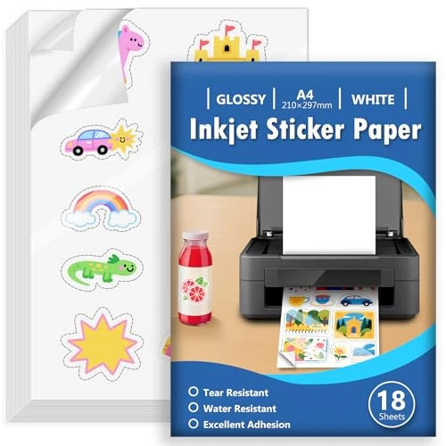 Offerta a tempo: Euqvunn 18 Fogli Carta Adesiva per Stampante A4, Carta Vinile Stampabile Adesivo Bianco Lucido Impermeabile, Self-Adhesive Full Page per Stampanti a Getto d'Inchiostro, Quick Dry, 210x297mm - 49% da 17.65 € a 8.97 €