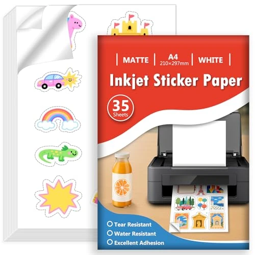 Oferta limitada: Euqvunn 35 Hojas Papel Pegatina para Imprimir A4, Vinilo Imprimible Adhesivo Blanco Mate Impermeable, Adhesivo de Página Completa para Impresoras de Inyección de Tinta, Secado Rápido, 210x297mm de 11.97 € a 11.37 € (ahorro 5%)