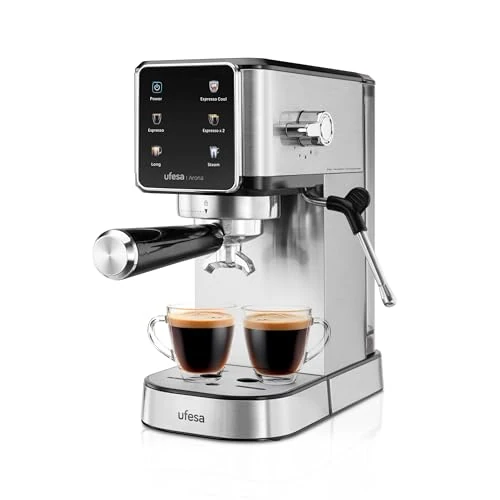 Zeitlich begrenztes Angebot: Ufesa Arona Espressomaschine 1350W mit Farbigem Touchpanel, 20 Bar, Espresso-Cool-Funktion, Verstellbare Dampfdüse, 1L Wassertank, Metall-Siebträger, Kompaktes Design, Kalter Kaffee von 159.99 € auf 142.27 € (11% Rabatt)