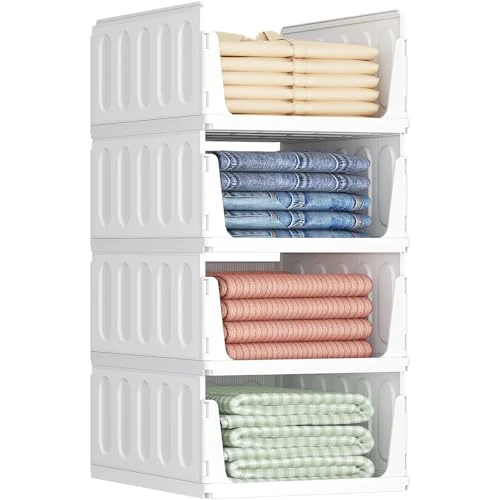 Lifewit Wardrobe Storage Organisers, 4 Pack Stackable Closet Organizers, Plastic Clothes Drawer Basket, Multifunctional Cupboard Shelves for Bathroom, Kitchen, Laundry Room, Office, Dorm, White