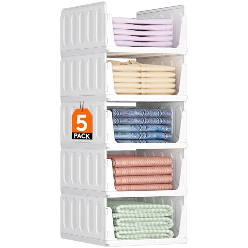 Lifewit Organizador de Armario Apilable, Cajas de Almacenaje Extensibles para Ropa, Camisetas y Pantalones, Cajones de Plastico para Separadores Closet de Baño, Cocina y Camping, 24L, Blanco, 5 Pack