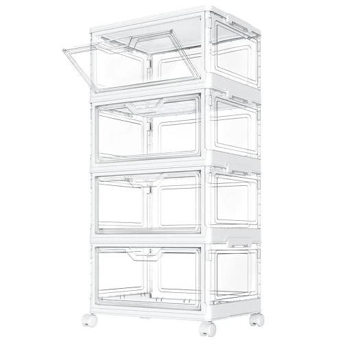 StowBin Pudełka do przechowywania z pokrywką – 4-poziomowe pudełka z tworzywa sztucznego z możliwością układania w stos, 23 l, przezroczyste, duże pojemniki do sypialni, salonu, łazienki