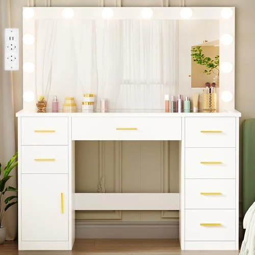 ANWBROAD Duża toaletka z regulowanym oświetleniem LED i gniazdkiem, nowoczesna, z lustrem, 7 szufladami, 140 x 110 x 40 cm, BDT83W