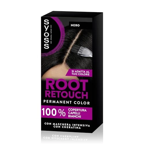 Offerta a tempo: Syoss Root Retouch Ritocco permanente Nero, Colorazione permanente per 100% copertura della ricrescita capelli, Kit con crema colorante capelli e maschera intensiva con cheratina - 24% da 6.99 € a 5.29 €
