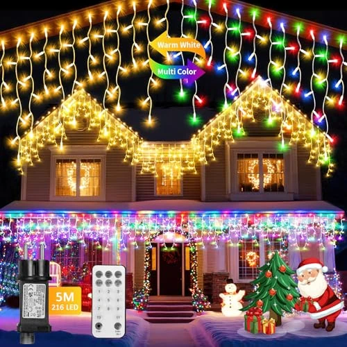 Auniq Lichtsnoer gordijn lichten met afstandsbediening, 5M/16ft 216 LED ijspegellampen, 11 lichtmodi ijsregen lichtgordijn buiten decoratie met 5m kabel voor Kerstmis Raam Balkon (Warm Wit/Kleurrijk)
