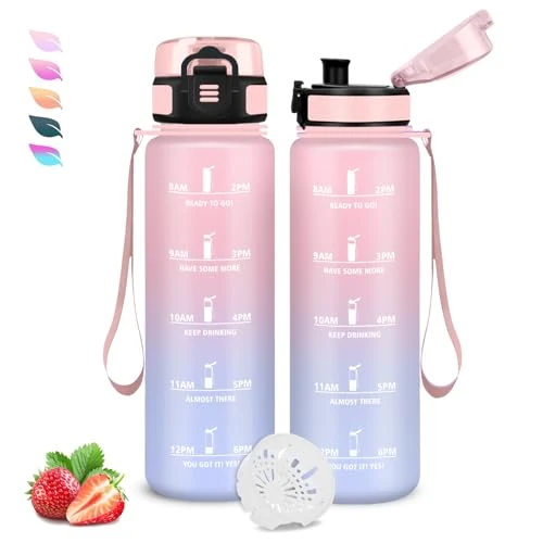 Drinkfles voor de sportschool, 1 liter, lekvrije drinkfles, gemakkelijk te reinigen, motiverende drinkfles, gemakkelijk mee te nemen, drinkfles met schema, gegradueerde waterfles, voor camping, school