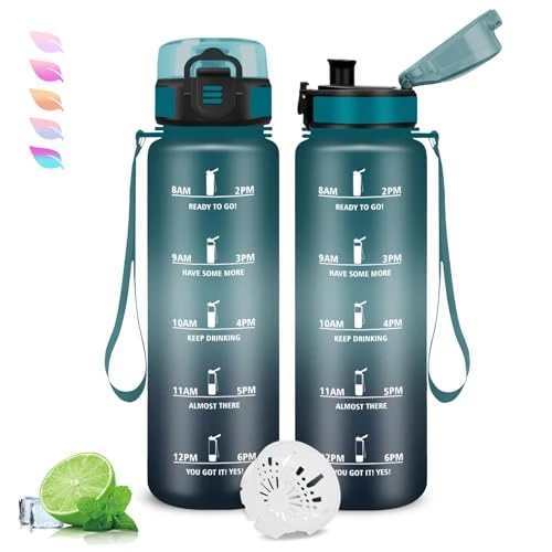 Oferta ograniczona: Butelka na wodę o pojemności 1 l, butelka na siłownię, bez wycieków, motywacyjna butelka na wodę, łatwa do przenoszenia, sportowa butelka na wodę, łatwa do czyszczenia, na kemping, do jogi, fitnessu z 17.99 EUR na 12.24 EUR (znizka 32%)