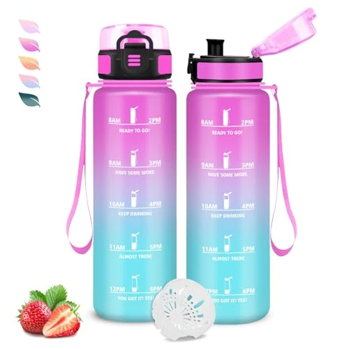 Drinkfles voor de sportschool, 1 liter, lekvrije drinkfles, gemakkelijk te reinigen, motiverende drinkfles, gemakkelijk mee te nemen, drinkfles met schema, gegradueerde waterfles, voor camping, school