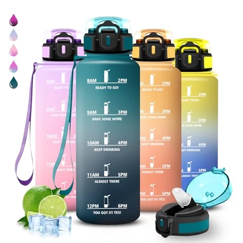 Sports Water Bottle, 1.5 Litres, Water Bottle with Straw, Easy to Clean, Leak-Proof, Can Be Carried, Water Bottle with Time Marking, for Hiking, Yoga, Fitness