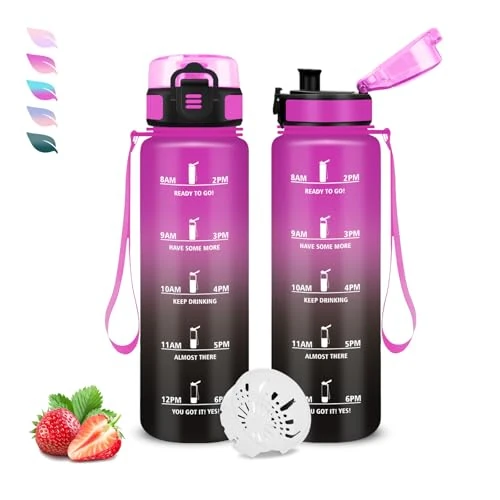 Grsta Trinkflasche Kinder- 500ml- Wasserflasche, Trinkflasche Kohlensäure Geeignet, mit Zeitmarkierung, Leicht zu Reinigen, mit Uhrzeit, Flasche für Schule, Büro, Outdoor, Camping, Fitness, Running