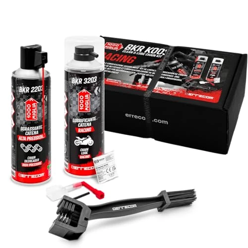 ERRECOM 1000 Miglia Clean&Lube Kit Catena Moto Racing; Include Sgrassante Catena Alta Pressione500mL+Lubrificante Catena Moto Pista Alte Prestazioni 500mL+Huggie System e Prolunga 90°+Spazzola+Guanti